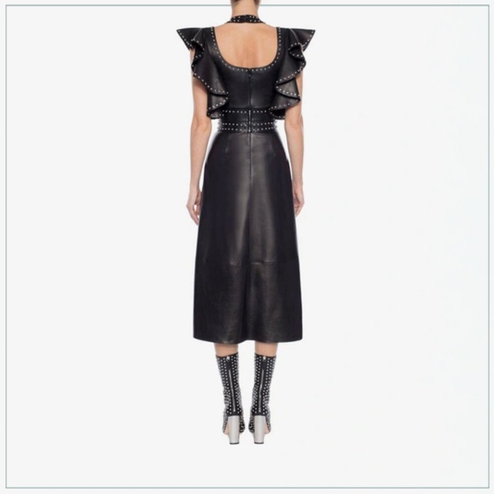 $8990 Alexander McQueen Studded Trim Lamb Leather Ruffle Runway Midi Dress - Picture 9 of 11